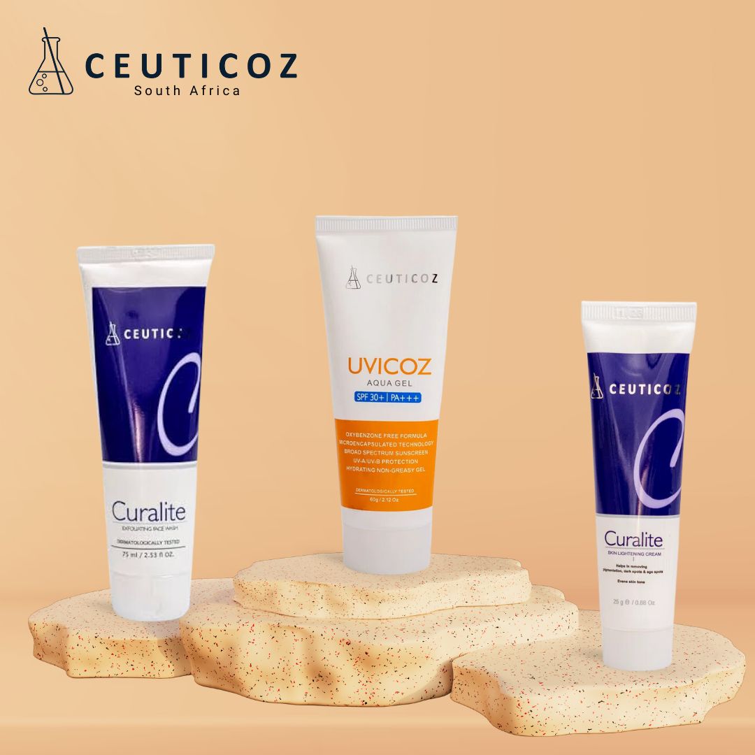 Combo - Ceuticoz Curalite Exfoliating Face Wash & Curalite Skin Lightening Cream & Uvicoz Aqua Gel Sunscreen Spf 30+